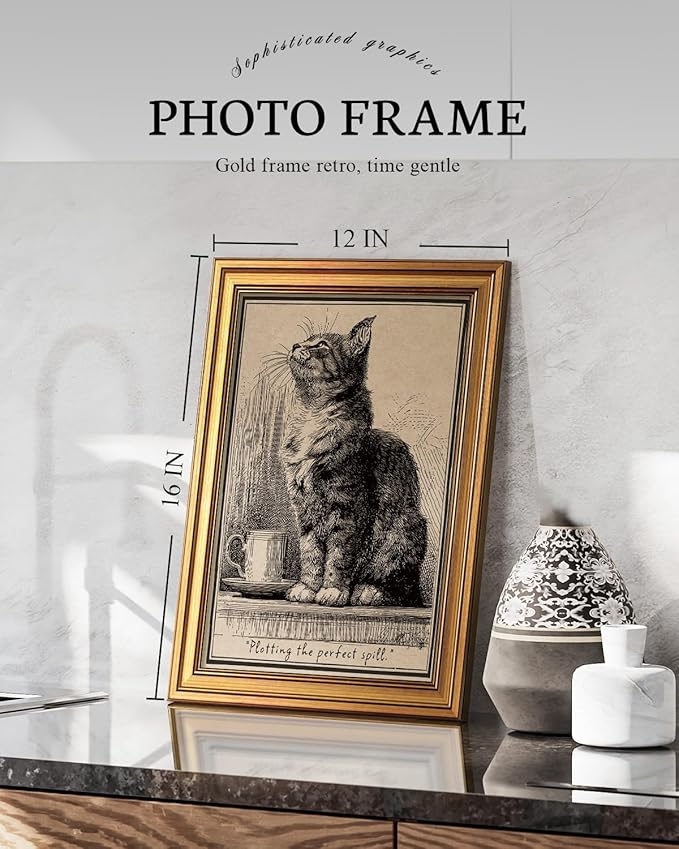 VIYYIEA Gold Small Framed Canvas Art, Vintage Cat Art Prints,12x16Inch, Retro Cat Lovers Decor for Home Bedroom Coffee Bar Office Shelf, Funny Animal Sketch Poster