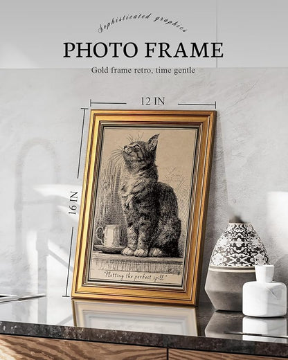 VIYYIEA Gold Small Framed Canvas Art, Vintage Cat Art Prints,12x16Inch, Retro Cat Lovers Decor for Home Bedroom Coffee Bar Office Shelf, Funny Animal Sketch Poster