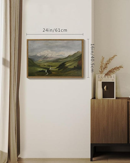 SHENIFY Landscape 16x24in Large Vintage Framed Canvas Wall Art Classical Mountain Range Valley Prints Farmhouse Bathroom Office Decor - Natural Framed