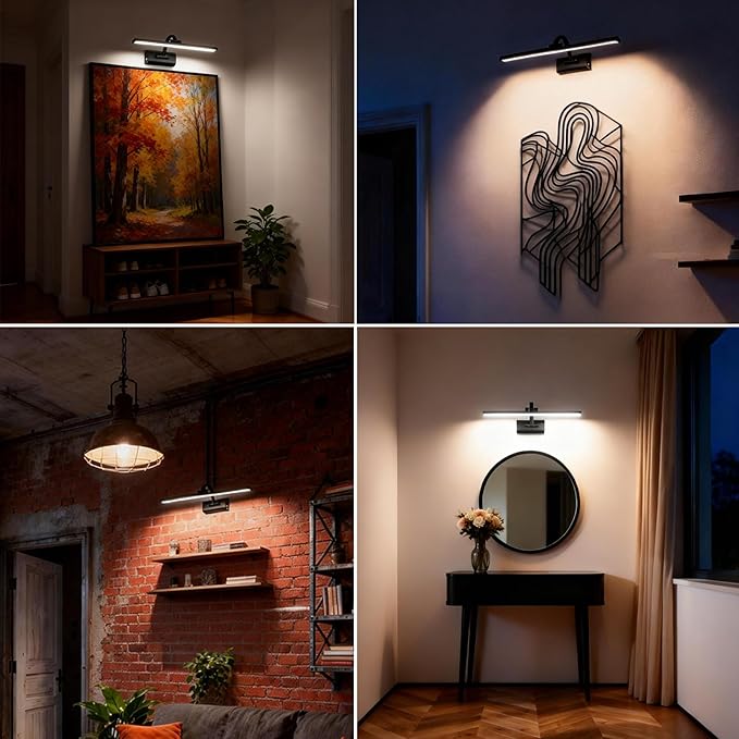 11.8" Picture Lights for Wall Battery Operated, Wireless Picture Light Rechargeable with Remote Timer, 3000K/4000K/6000K Dimmable Art Lights for Paintings Picture Frames Gallery Dartboard, Black