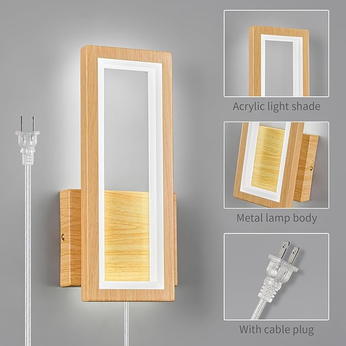 Modern Wood Color Plug in Wall sconces 18W Indoor LED Simple Wall Fixture 6000K Rectangle Vanity Wall Lights for Living Room Bedroom Hallway Stairs(1Pack)
