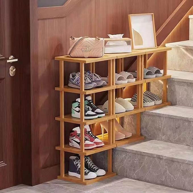 SAN HE Bamboo Shoe Rack 3Tier- Vertical Shoe Rack for Small Spaces, Tall Narrow Shoe Rack Organizer for Closet Entryway Corner Garage and Bedroom,Skinny Shoe Shelf with Free Stackable DIY