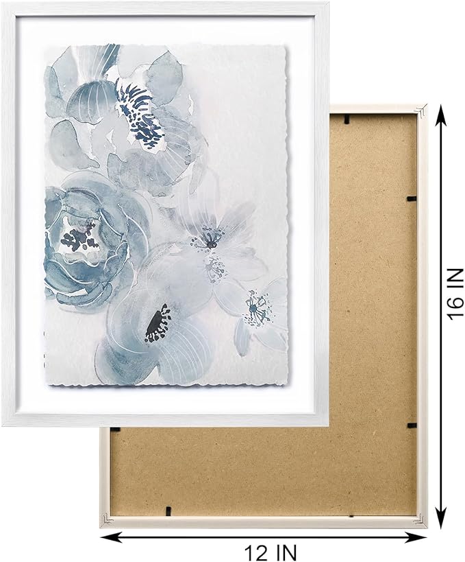 ArtbyHannah Framed Bathroom Wall Art Decor, 12x16 Inch 3D Light Blue Watercolor Florals with Torn Edge Floating Effect, Moisture Proof Prints Pictures Artwork for Bathroom, Bedroom Decor (2 Pack)