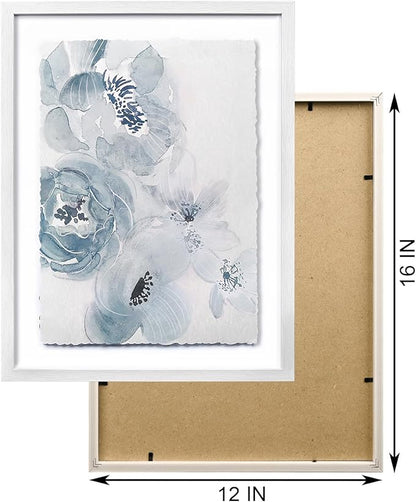 ArtbyHannah Framed Bathroom Wall Art Decor, 12x16 Inch 3D Light Blue Watercolor Florals with Torn Edge Floating Effect, Moisture Proof Prints Pictures Artwork for Bathroom, Bedroom Decor (2 Pack)