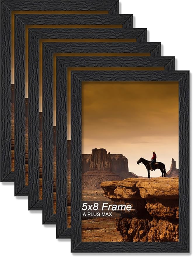 A PLUS MAX 5x8 Picture Frame Set of 6, Black Engineered Wood Frame for 5 x 8 Inch Picture Poster Photo, Light Weight 5 by 8 Frame with Wood-grain for Wall - 6 Pack/Black/5