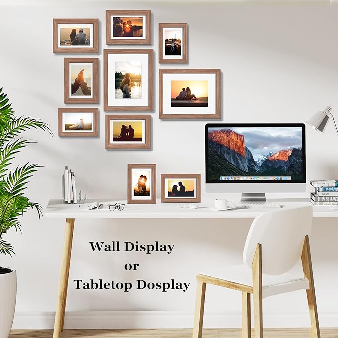 Picture Frames, Made of Real Glass and Wooden Frame, Gallery Photo Frames Set of 10 for Collage Wall Decor, Multi Sizes Including 8x10, 5x7, 4x6 for Mounting or Tabletop Display, Light Brown