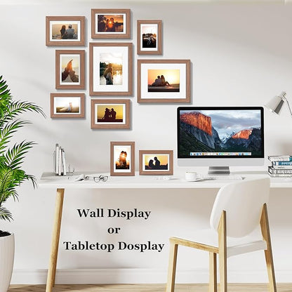 Picture Frames, Made of Real Glass and Wooden Frame, Gallery Photo Frames Set of 10 for Collage Wall Decor, Multi Sizes Including 8x10, 5x7, 4x6 for Mounting or Tabletop Display, Light Brown
