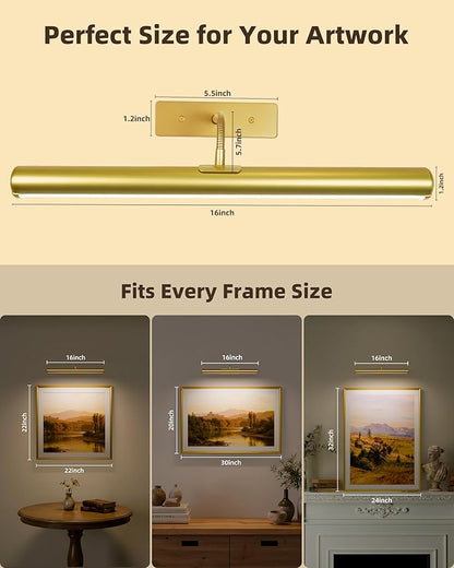EZVALO Picture Lights for Wall, 16'' Rechargeable 6000mAh Painting Lights with Remote, Wireless Dimmable 3 Color Temps Art Lights for Gallery, Living Room, Hallway (Gold, 2Pack)