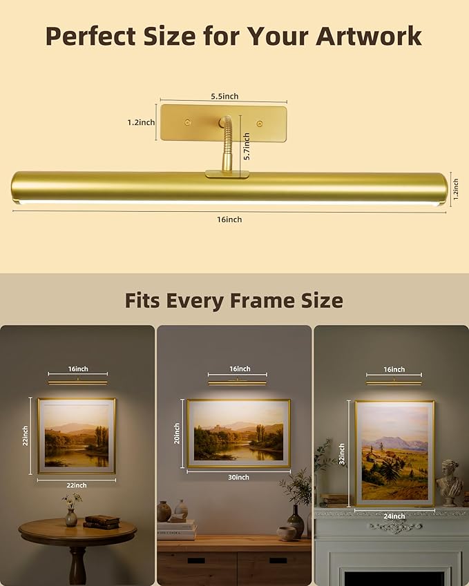 EZVALO Picture Lights for Wall, 16'' Rechargeable 6000mAh Painting Lights with Remote, Wireless Dimmable 3 Color Temps Art Lights for Gallery, Living Room, Hallway (Gold, 2Pack)