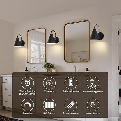 Vintage Cordless Gooseneck Battery Operated Wall Sconces Set of 2, Black Bedside Battery Powered Wall Decor Lamps with Remote Control, Wireless Indoor LED Lights Fixture for Hallway Bedroom