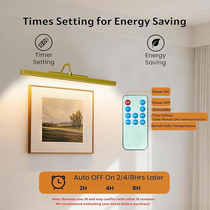 2 Pack Picture Art Lights - 24 Inch Gold Cordless Battery Powered Art Light with Dimmable Remote for Living Room, Artwork & Dartboard