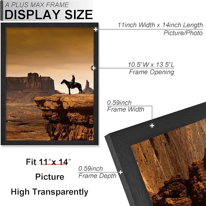 A PLUS MAX 11x14 Picture Frame Set of 6, Engineered Wood Frame Display Photo 8x10 with Mat or 11 x 14 without Mat, 11by14 Frame with Black Wood Grain for Wall - 6 Pack/Black/11 x14
