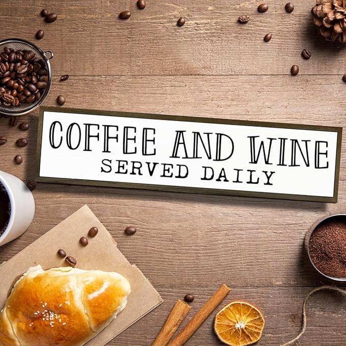 Coffee Bar Decor, Coffees Lover Home Kitchen Decor, Wood Decoration for Cafe Wine Bar Club, Decorative Wooden Table Sign, Coffee and Wine Served Daily Sign, 17.8x4x1.2 inches