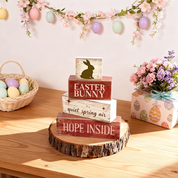 Easter Decorations - Easter Bunny Tiered Tray Decor - Wooden Bunny Tabletop Sign - Rustic Farmhouse Spring Home Decor Indoor for Tiered Tray Shelf Mantel Entryway Coffee Table - Spring Home Decor for Living Room, Kitchen Counter