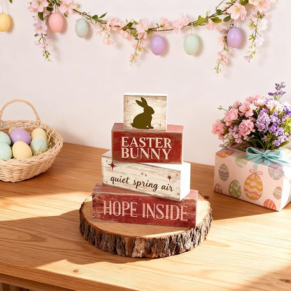 Easter Decorations - Easter Bunny Tiered Tray Decor - Wooden Bunny Tabletop Sign - Rustic Farmhouse Spring Home Decor Indoor for Tiered Tray Shelf Mantel Entryway Coffee Table - Spring Home Decor for Living Room, Kitchen Counter