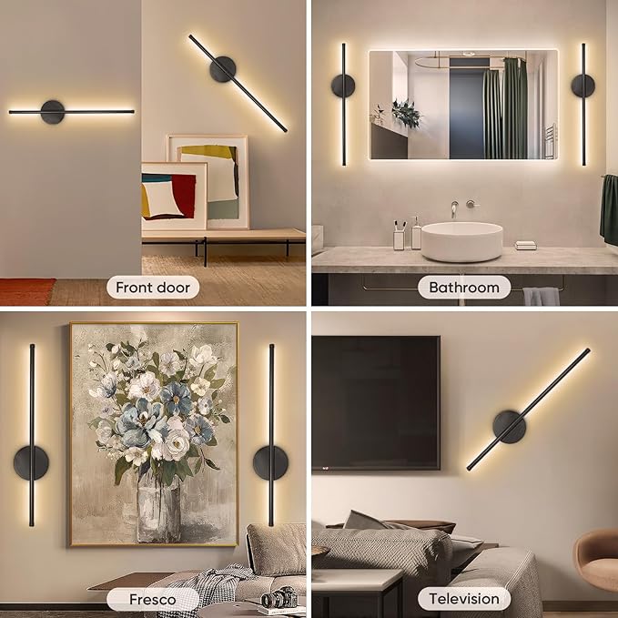 Battery Operated Wall Sconces, Wireless Rechargeable Wall Sconces Black with Remote Control Dimmable, Cordless Wall Light Decor for Living Room, Bathroom, Hallway, Timing, 24 Inch 1 Pack