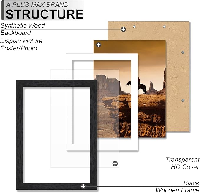 A PLUS MAX 5x7 Picture Frame Set of 2, Black Engineered Wood Frame for 5 x 7 Inch Picture Poster Photo, Light Weight 5 by 7 Frame with Wood-grain for Wall - 2 Pack/Black/5