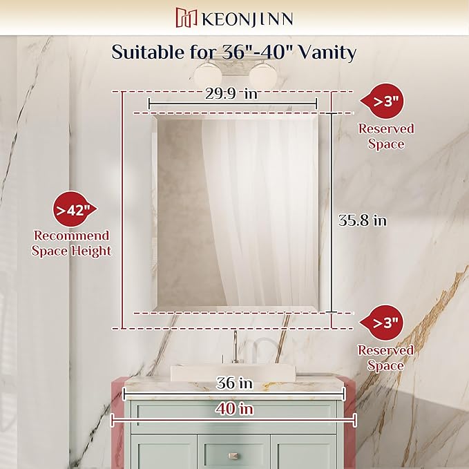 Keonjinn 30 x 36 Inch Beveled Bathroom Mirror, Rectangle Bathroom Mirrors for Over Sink, Shatterproof Wall Mirror, Modern Decorative for Living Room, Entryway, Bedroom, Horizontal/Vertical
