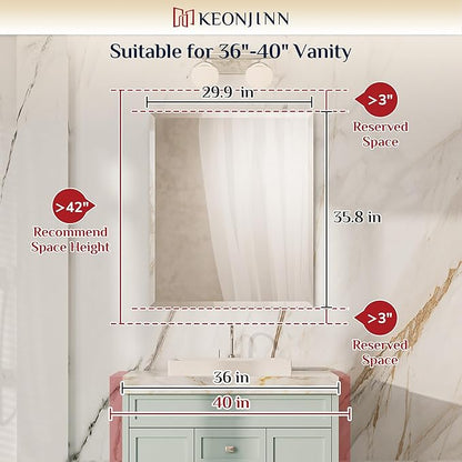 Keonjinn 30 x 36 Inch Beveled Bathroom Mirror, Rectangle Bathroom Mirrors for Over Sink, Shatterproof Wall Mirror, Modern Decorative for Living Room, Entryway, Bedroom, Horizontal/Vertical