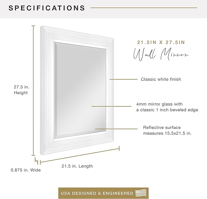 MCS 15 x21 Inch Wall Mirror, 21x27 Inch Overall Size, White (20450)