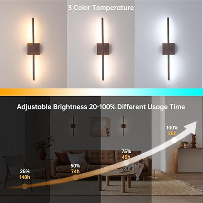 Battery Operated Wall Sconce Set of 2, 8000mAh Rechargeable Wall Sconces, 3000K-6000K Dimmable, 350°Rotate, Indoor Wall Lights for Bedroom Living Room Bathroom, Black Walnut, 23.6 Inch