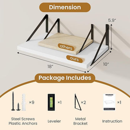 Floating Shelves for Wall,18" Wall Mounted Shelves Set of 2,Wood Floating Shelf with Bracket,Sturdy Metal Bracket Bookshelves Home Decor Storage for Living Room,Bedroom,Bathroom,Kitchen,White