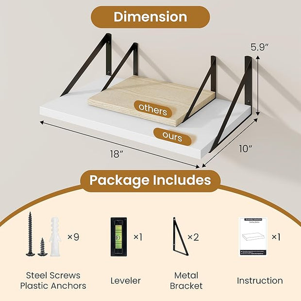 Floating Shelves for Wall,18" Wall Mounted Shelves Set of 2,Wood Floating Shelf with Bracket,Sturdy Metal Bracket Bookshelves Home Decor Storage for Living Room,Bedroom,Bathroom,Kitchen,White