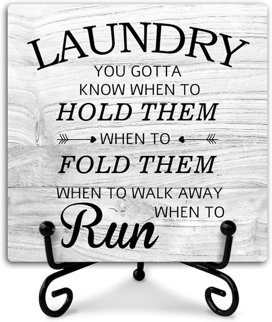 Laundry Room Sign With Iron Support, Home Bathroom Desk Laundry Room Decor Wood Sign Shelf Decor Farmhouse Housewarming Gifts Laundry You Gotta Know When to Hold Them Table Centerpiece - (a013)