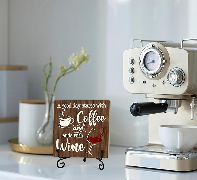 Coffee And Wine Desk Decor Sign, Rustic Wooden Sign With Stand, A Good Day Starts With Coffee And Ends With Wine Sign For Farmhouse Home Kitchen Bar Shelf Table, Gifts For Family Friend Coworker-02