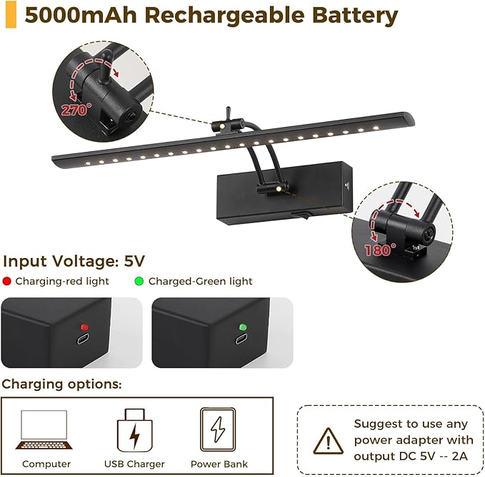 Battery Operated Picture Light with Remote, 16" Wireless LED Art Light Rechargeable 5000mAh, Dimmable Painting Light for Wall, 3000K Warm White, Adjustable Swing Arm Metal Display Light, Black