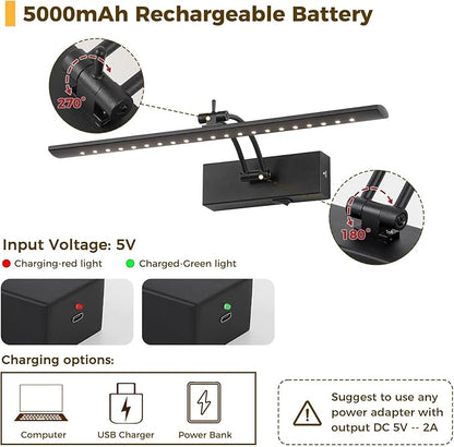 Battery Operated Picture Light with Remote, 16" Wireless LED Art Light Rechargeable 5000mAh, Dimmable Painting Light for Wall, 3000K Warm White, Adjustable Swing Arm Metal Display Light, Black