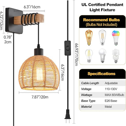 Rustic Wall Sconces Fixtures with Plug in Cord, Set of Two Indoor Vintage Rattan Wall Light Industrial Lamp Fixture Farmhouse Metal Sconces Light for Bedroom Bedside Living Room