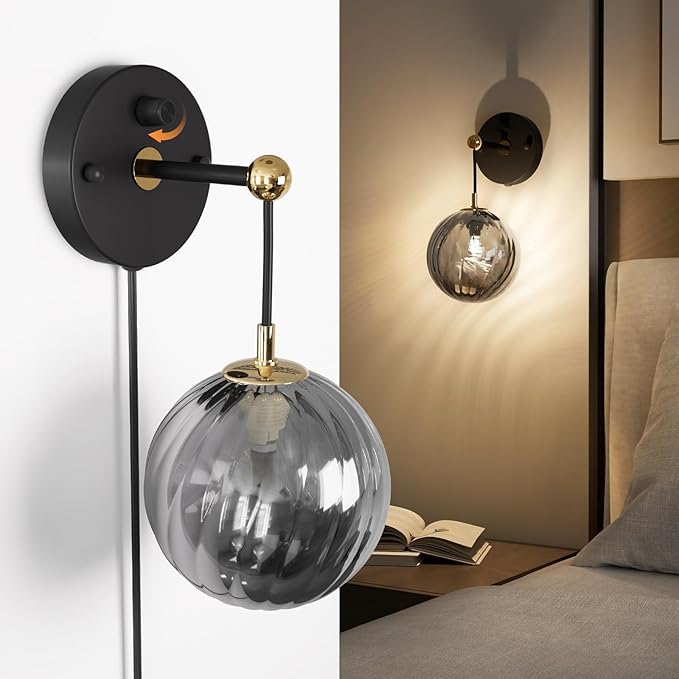 Metro Sphere Glass Wall Sconce - Mid Century Modern Wall Light with Hardwired or Plug-in, 3-Way Dimmable,Minimalist Wall Mounted Lamp for Modern Home Decor,Inclub E26 Bulb