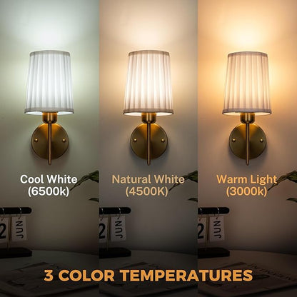 Battery Operated Wall Sconce Set of Two, Wireless Wall Sconces with 10000mAh Dimming Magnetic Bulb, Rechargeable Wall Sconce with Pleated Fabric for Bedroom Living Room Gallery Hallway, Gold