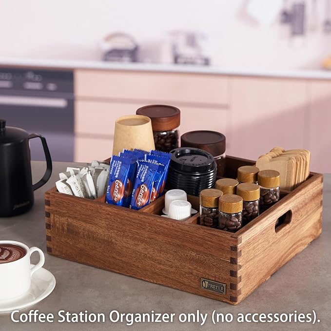 Acacia Wood Coffee Station Organizer for Countertop, Coffee Pods Holder & Condiment Storage Basket, 12-Inch Rustic Farmhouse Bar Decor for Tea Cups, Syrup, Stirrers, Accessories