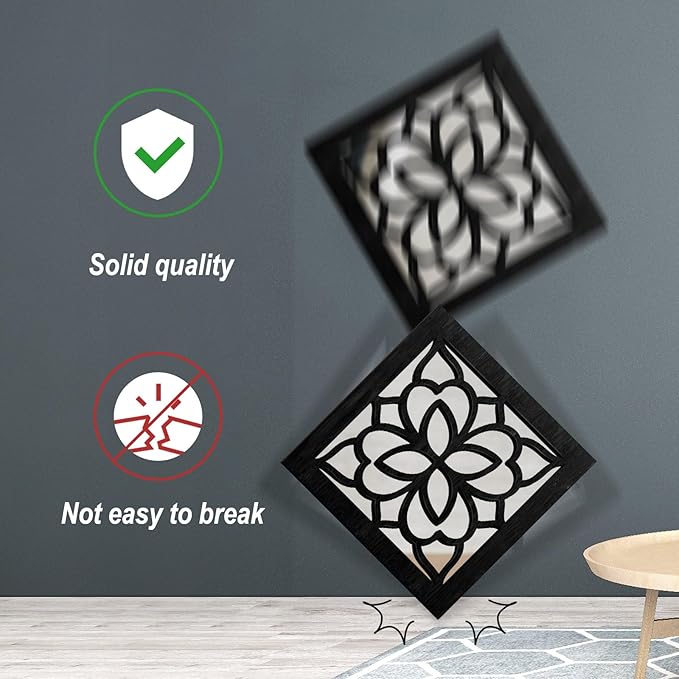 2 PCS Square Wall Mirror,Rustic Farmhouse Wall Mirrors,12 inch Small Mirror Art (style2 Black)