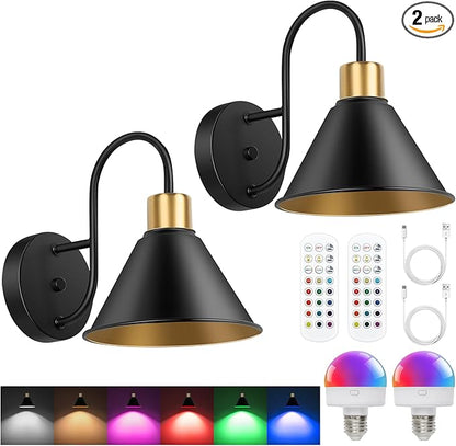 Frideko Rechargeable Battery Operated Wall Sconces Set of Two with Remote, RGB 15 Colors Dimmable Wireless Wall Light, Indoor Battery Powered Wall Lamp with Timer, Modern Wall Lighting for Living Room