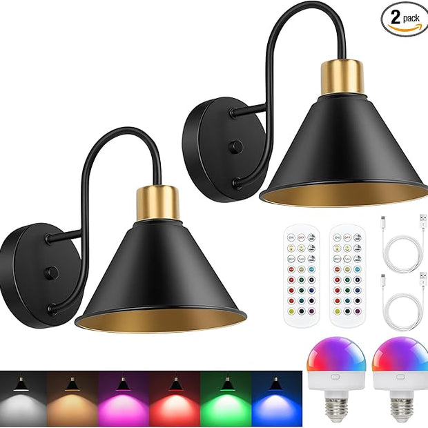 Frideko Rechargeable Battery Operated Wall Sconces Set of Two with Remote, RGB 15 Colors Dimmable Wireless Wall Light, Indoor Battery Powered Wall Lamp with Timer, Modern Wall Lighting for Living Room