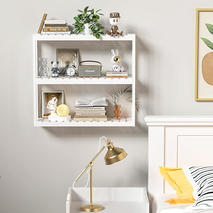 Domax Bathroom Shelves Over Toilet Storage - 3 Tier Wall Mounted Bamboo Bathroom Shelf Organizer Multifunctional Adjustable Layer Free Standing Utility Shelves for Bathroom Living Room Kitchen, White