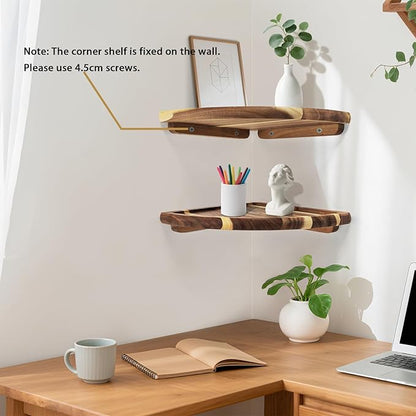 Floating Corner Shelve, 10 Inch Acacia Wood Corner Shelf Set of 2, Corner Shelf wall Mounted for Living Room, Bedroom, Bathroom, Office, Kitchen (Natural Wood Colour)