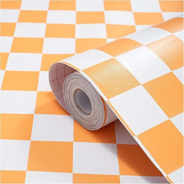 Modern Peel and Stick Wallpaper Orange and White Mosaic Checkered Contact Paper 17.7"x393" Self Adhesive Lattice Wallpaper Removable Decorative Wallpapers for Bedroom Countertops Cabinet Vinyl Roll
