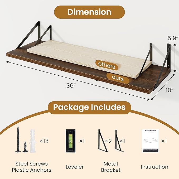 Walnut Deep Floating Shelves for Wall,36