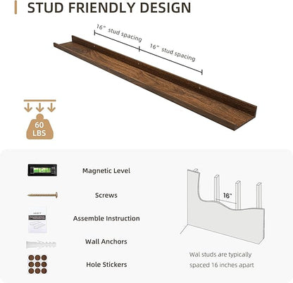 Picture Ledge Shelf, Wood Long Floating Shelves for Wall, Set of 2, 48 inch Picture Ledge Shelves, Photo Ledge Nursery Book Shelves Wall Mounted for Living Room Kids' Room Bedroom, Color Walnut