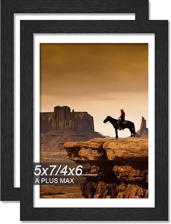 A PLUS MAX 5x7 Picture Frame Set of 2, Black Engineered Wood Frame for 5 x 7 Inch Picture Poster Photo, Light Weight 5 by 7 Frame with Wood-grain for Wall - 2 Pack/Black/5"x7"