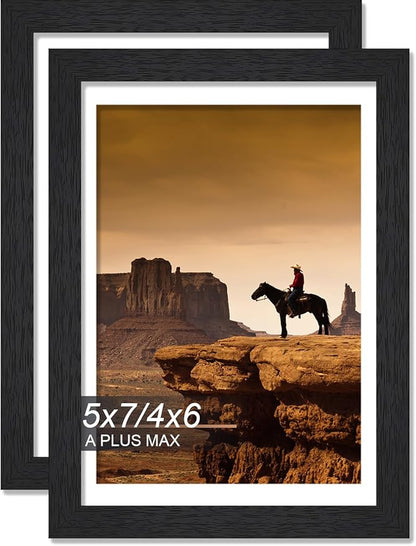 A PLUS MAX 5x7 Picture Frame Set of 2, Black Engineered Wood Frame for 5 x 7 Inch Picture Poster Photo, Light Weight 5 by 7 Frame with Wood-grain for Wall - 2 Pack/Black/5"x7"