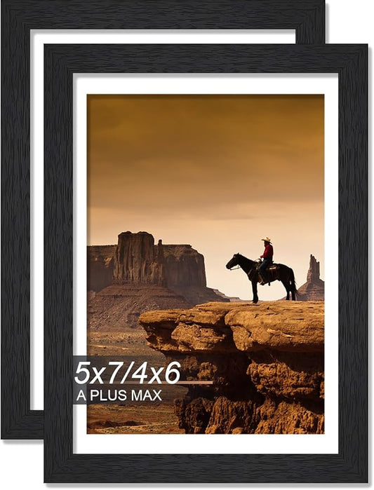 A PLUS MAX 5x7 Picture Frame Set of 2, Black Engineered Wood Frame for 5 x 7 Inch Picture Poster Photo, Light Weight 5 by 7 Frame with Wood-grain for Wall - 2 Pack/Black/5"x7"