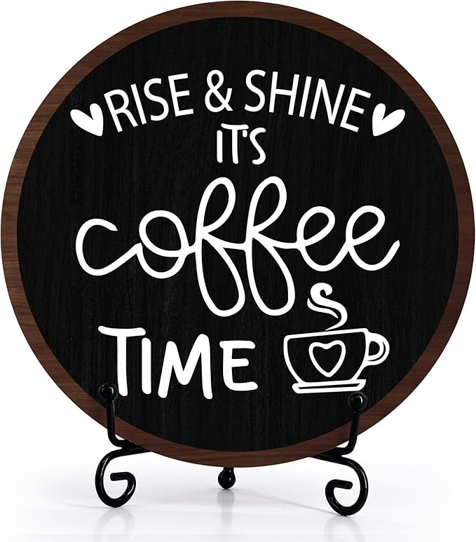 Coffee Desk Decor Sign, Farmhouse Wood Plaque, It Is Coffee Time Wood Sign, Cafe Lover Gifts, Decor For Home Kitchen Tabletop, Wooden Round Decorations With Stand-03