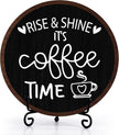 Coffee Desk Decor Sign, Farmhouse Wood Plaque, It Is Coffee Time Wood Sign, Cafe Lover Gifts, Decor For Home Kitchen Tabletop, Wooden Round Decorations With Stand-03
