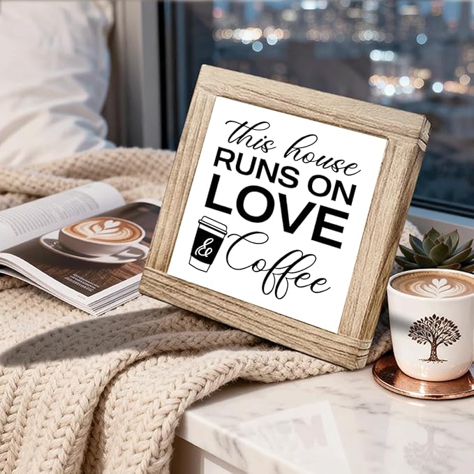Coffee Wood Decor This House Runs On Love And Coffee Handmade Wooden Coffees Sign Rustic Kitchen Wall Art Perfect For Home Office Kitchen Bar Decor Square Ideal Gift For Coffees Lover 5.9x5.9 Inch