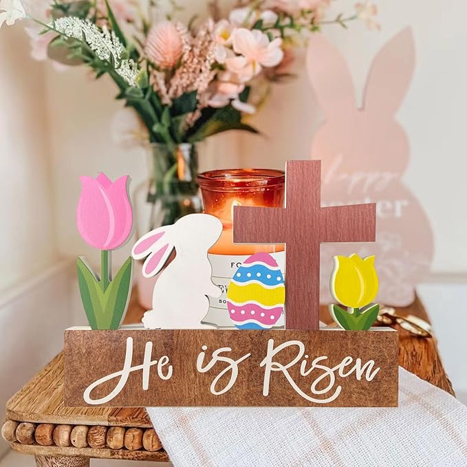 He is Risen Wood Block Table Sign Wooden Bunny Tulips Cross Table Top Decorations Tiered Trays Desk Shelf Easter Home Office Coffee Bar Decor 6 Pieces
